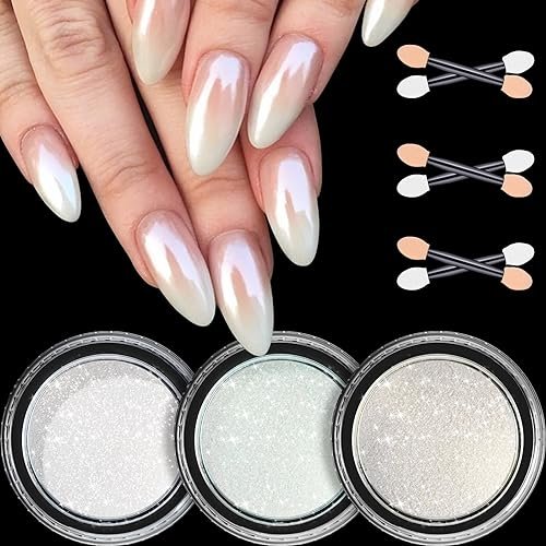 Glassy Pearl Chrome Nail Powder - 3 Boxes Aurora Ice Transparent White Chrome Powder for Nails Glazed Donut Pearlescent Magic Nail Powder Mirror Effect Pigment Glitter : Amazon.co.uk: Beauty
