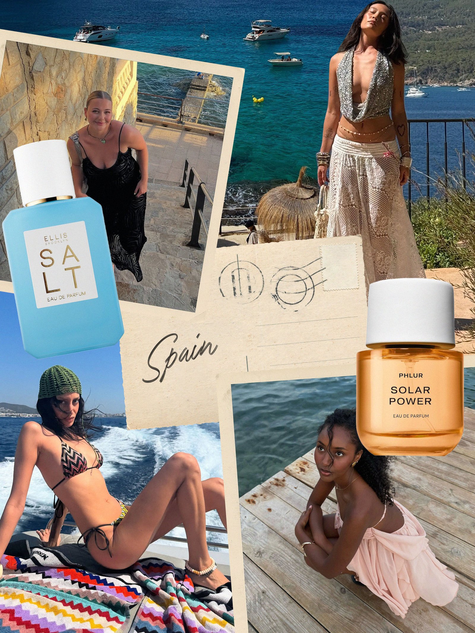 A vacation-inspired collage of people in Spanish destinations with fragrance picks scattered throughout.