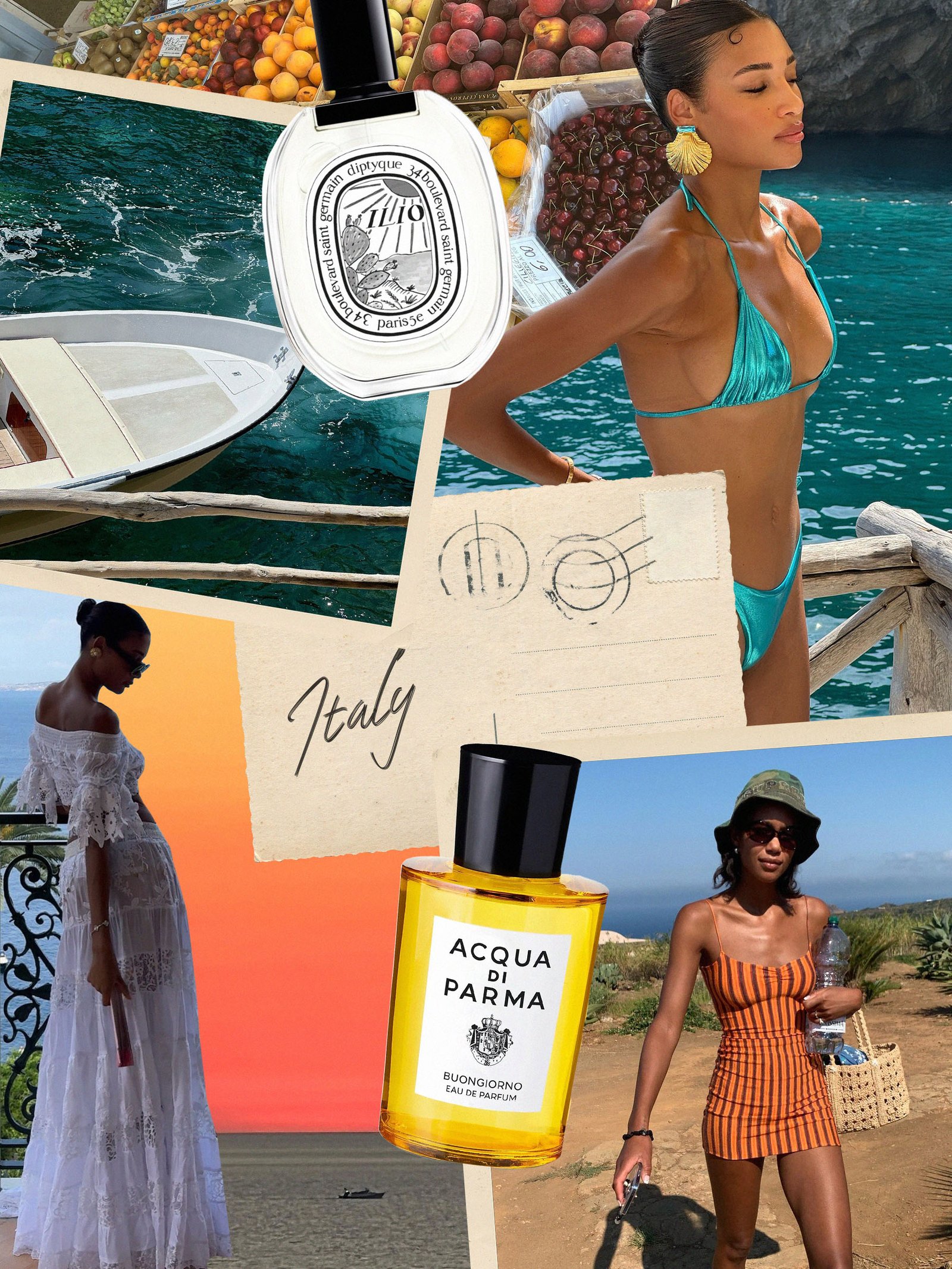 A vacation-inspired collage of people in Italian destinations with fragrance picks scattered throughout.