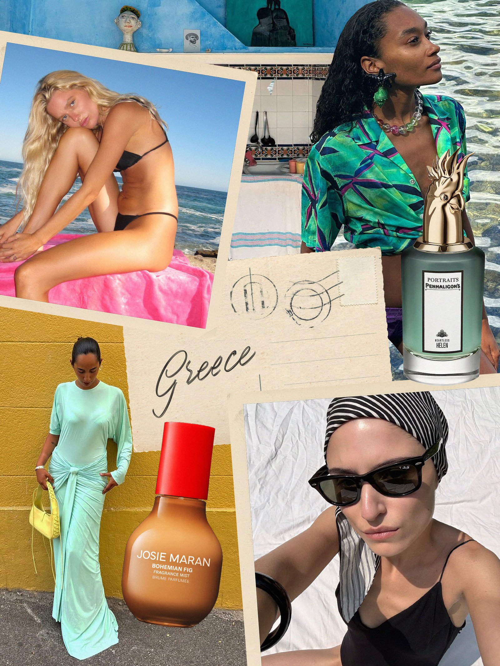 A vacation-inspired collage of people in Greek destinations with fragrance picks scattered throughout.