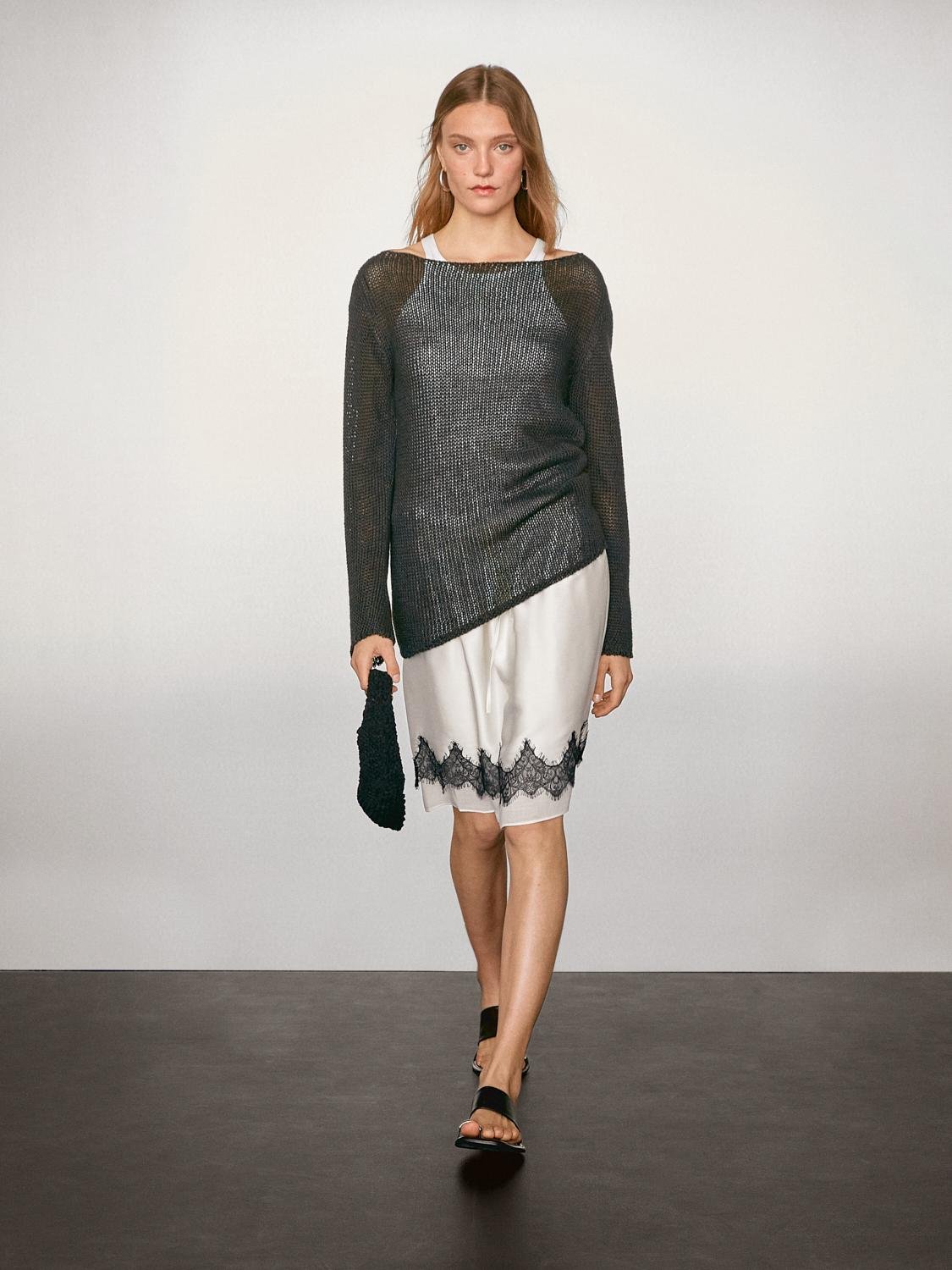 Massimo Dutti, Contrast Lace-Trimmed Skirt