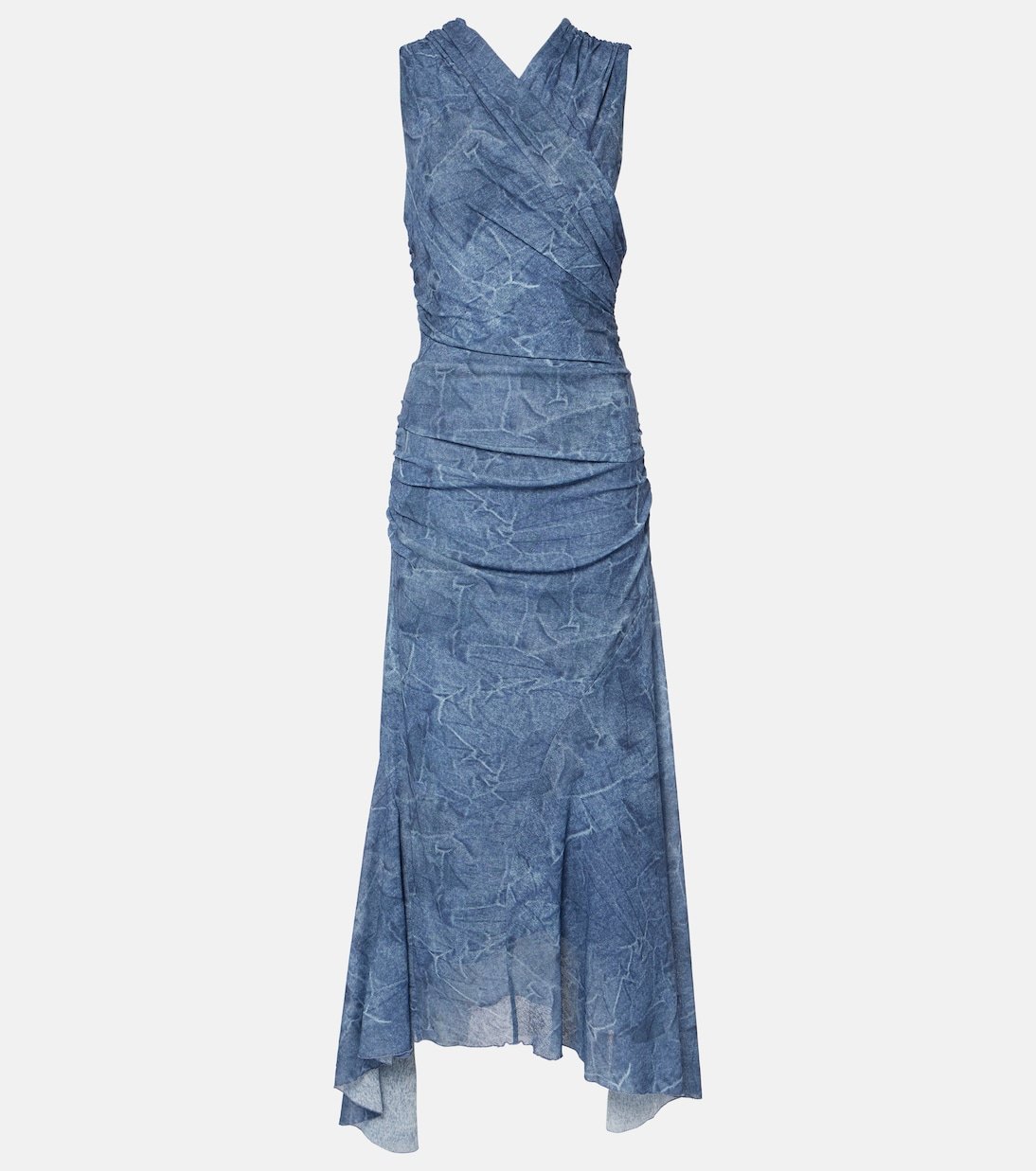 Printed Ruched Mesh Maxi Dress
