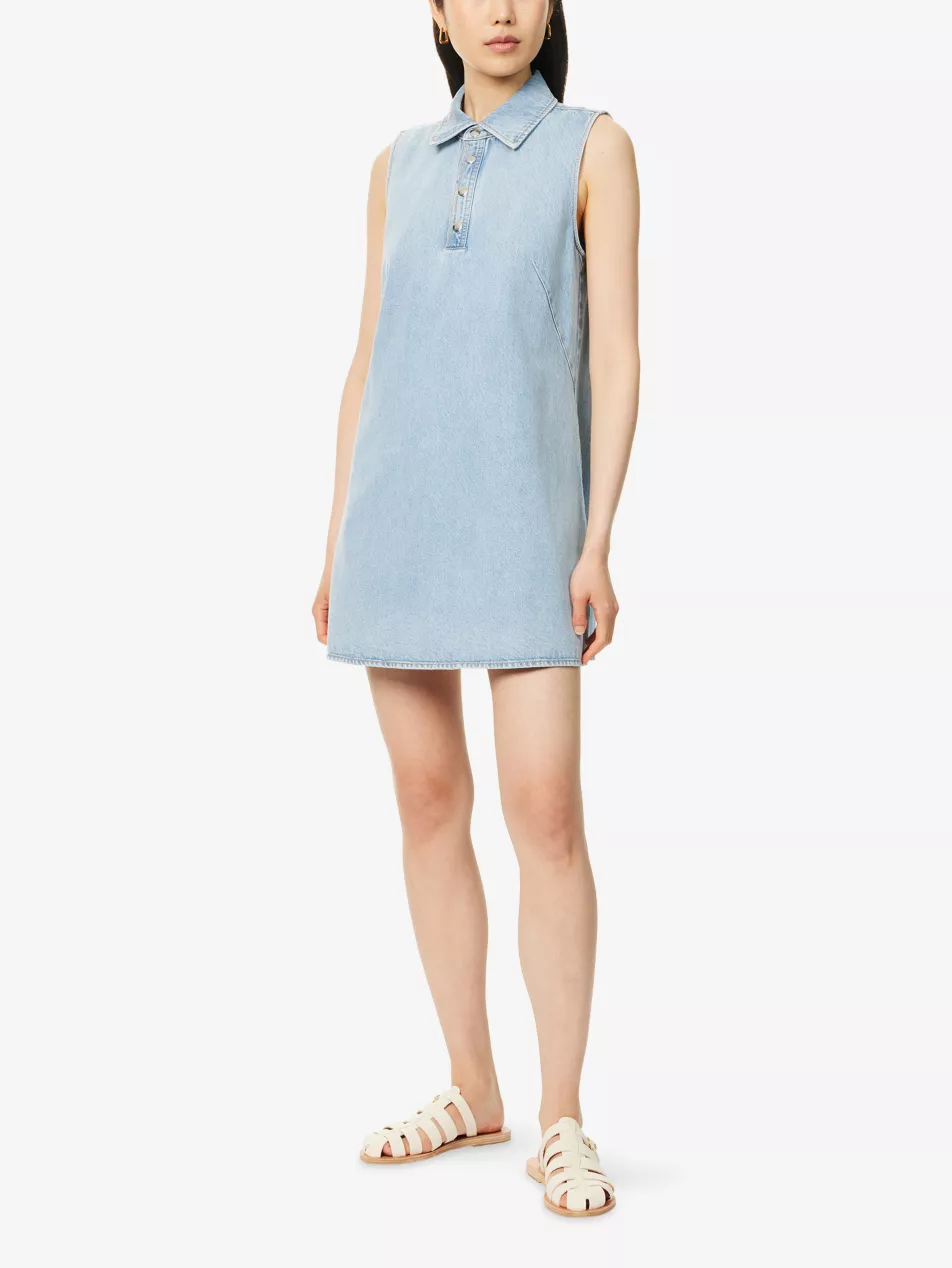 City Shift Polo-Collar Cotton-Blend Denim Mini Dress