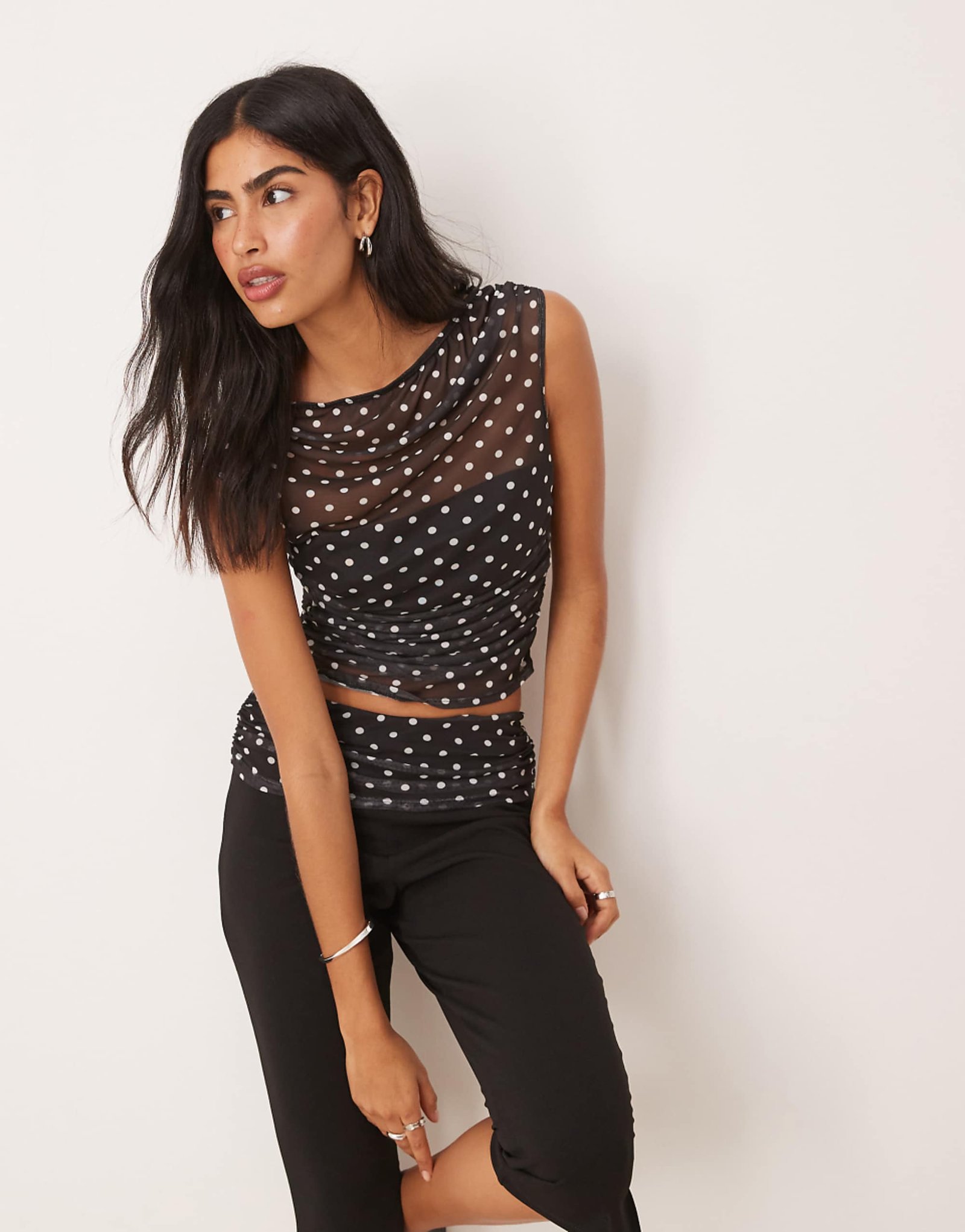 Asos Design Co-Ord Gathered Short Sleeve Off Shoulder Mesh Top in Black Polka Dot