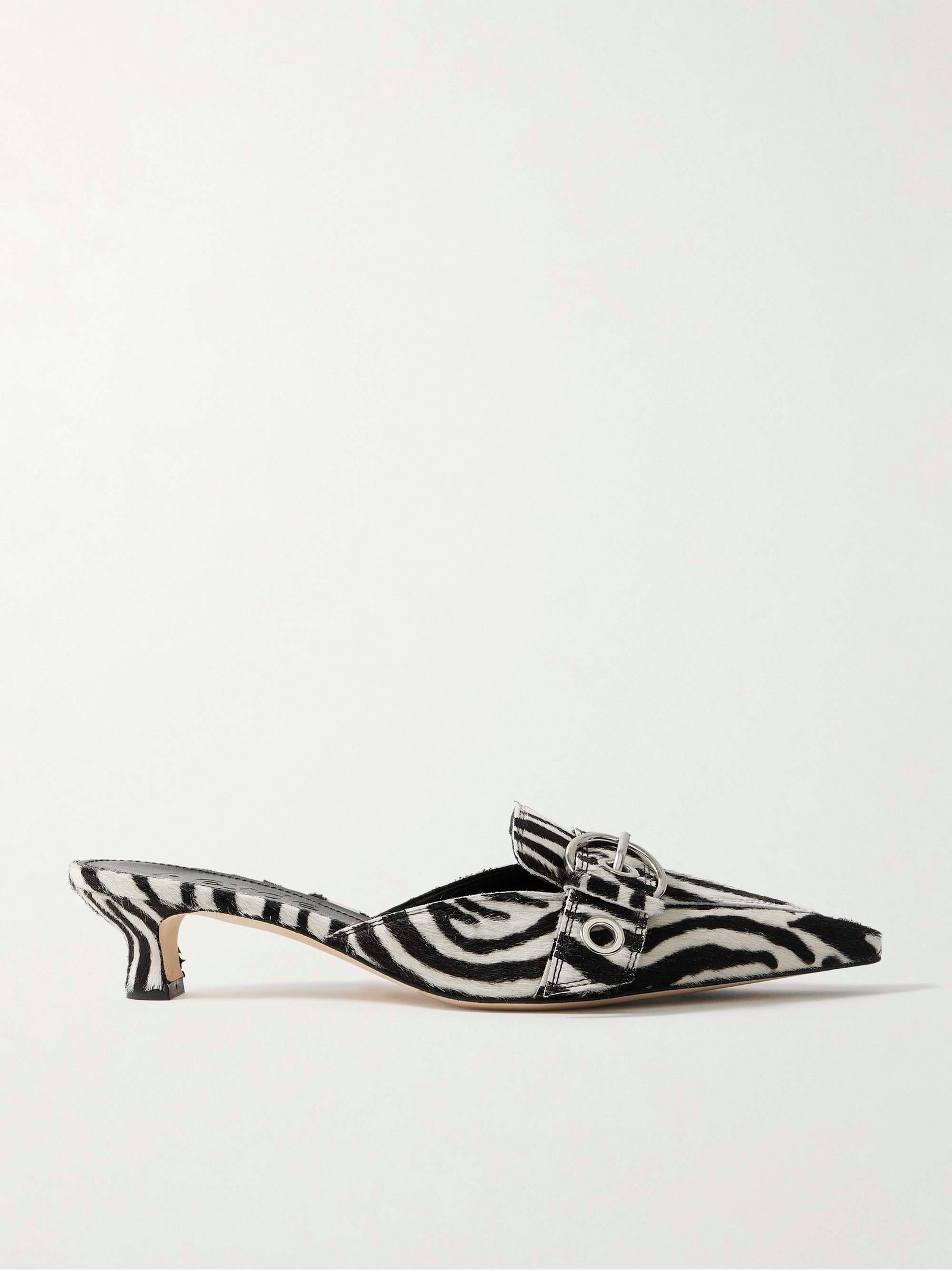 Danielle Buckled Zebra-Print Calf Hair Mules
