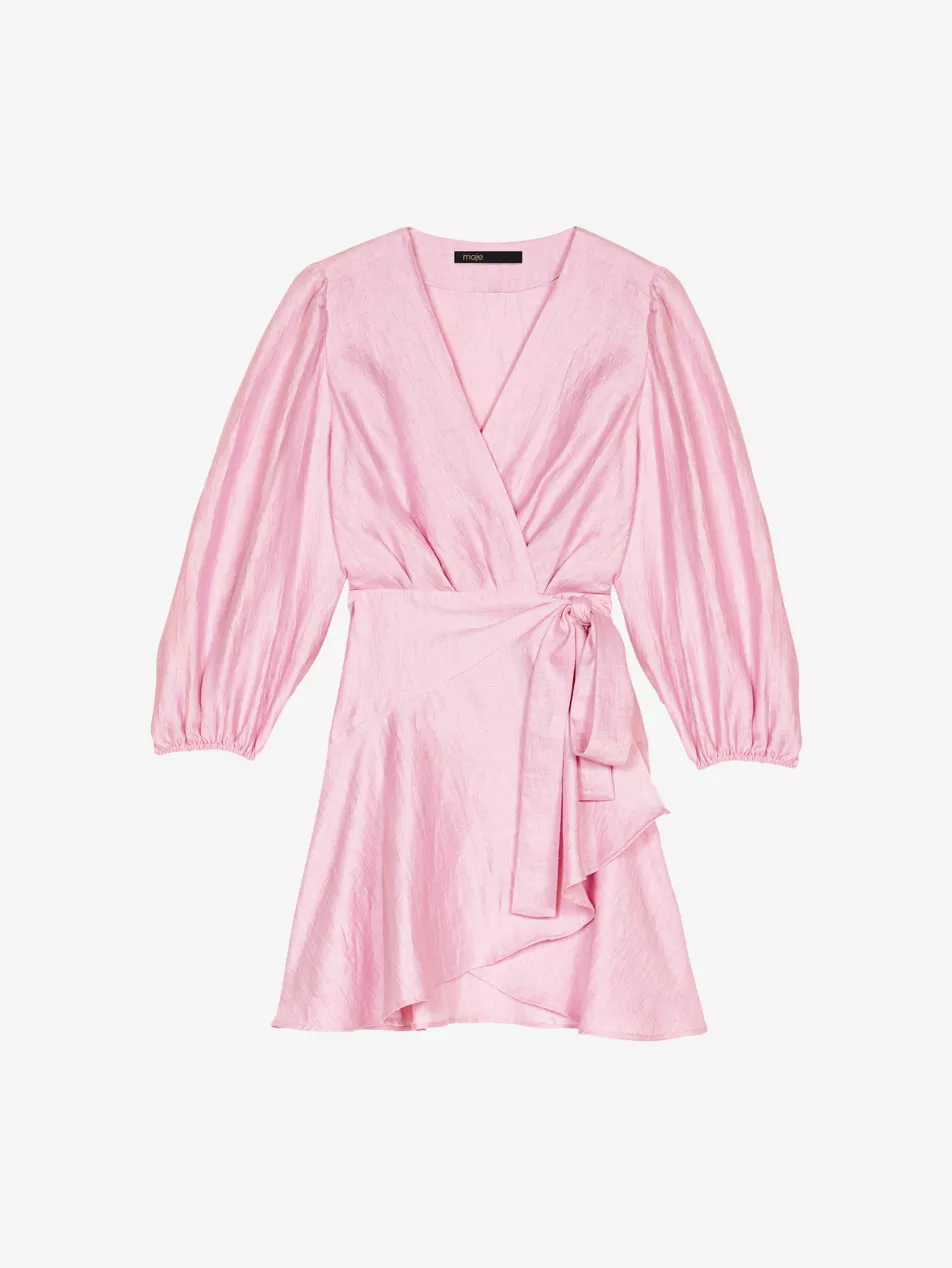 V-Neck T-Waist Linen-Blend Mini Dress