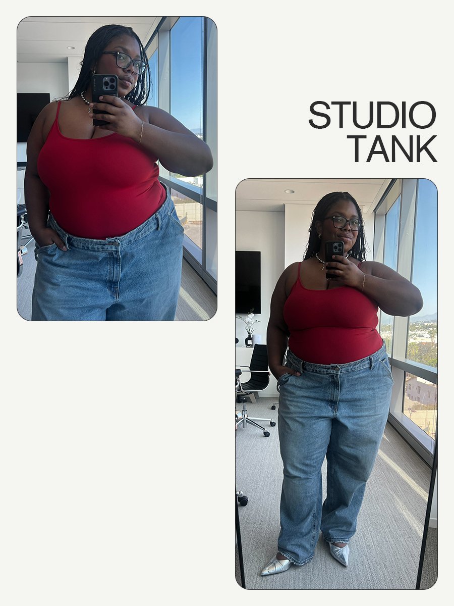 chichi wears different tank air tank tops in white, red, and black