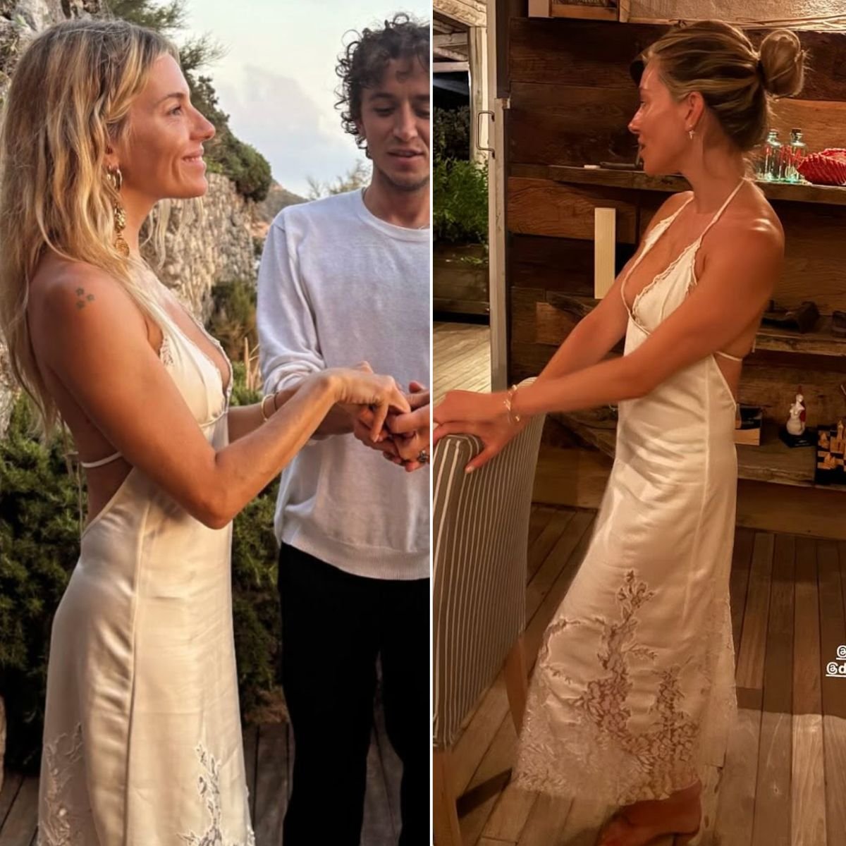 Sienna Miller wearing a white lace dress