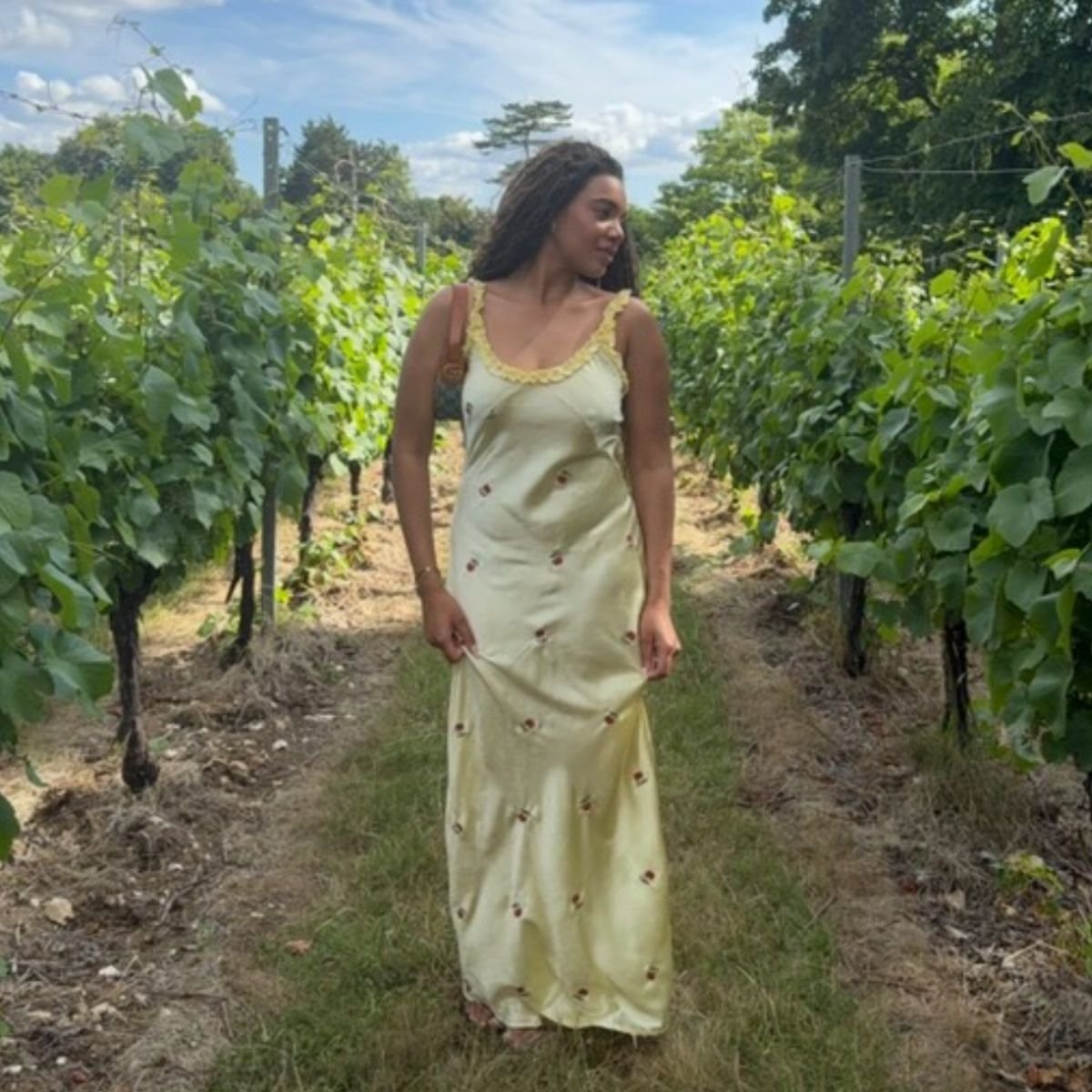 yellow dress with cherries