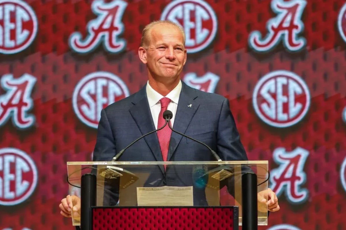 Jul 16, 2025; Atlanta, GA, USA; University of Alabama head coach Kalen Deboer talks to the media during the SEC Media Days at Omni Atlanta Hotel. Mandatory Credit: Jordan Godfree-Imagn Images