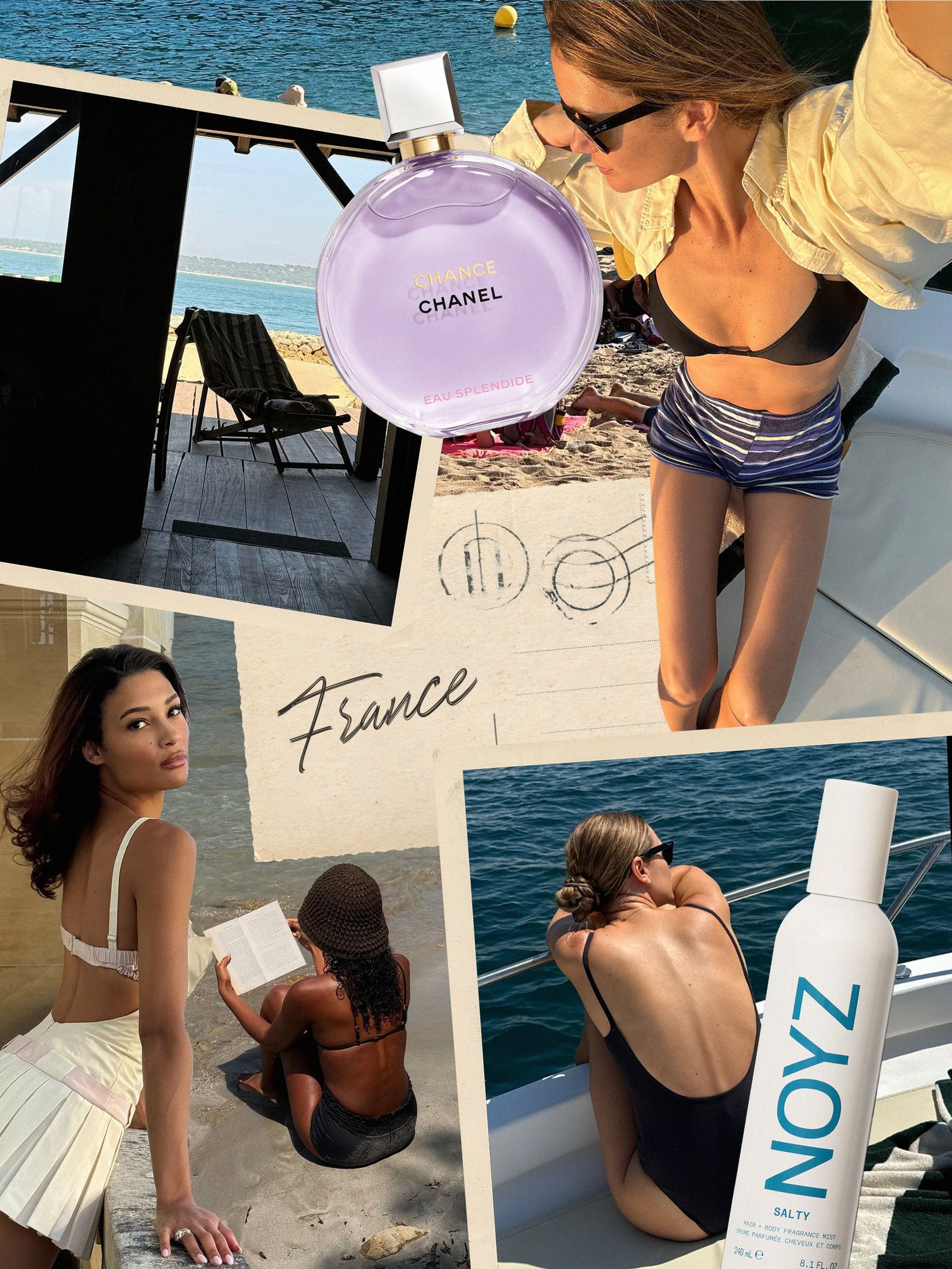 A vacation-inspired collage of people in French destinations with fragrance picks scattered throughout.